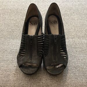 Sofft Black Peep-Toe Cutout Wedge Heels with Front Zipper